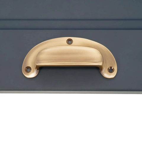 Antique Brass Cup Pull Handle With Ergonomic Grip For Cabinets Drawers Wardrobes And Kitchen Cupboards Traditional Cupboard Hardware Easy Mount Screws Included Dope Vintage Look installed on cabinet