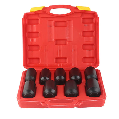 Pro 9 Piece 2 Inch Drive Axle Hub Nut Hex Socket Set That Hits The Spot With 29mm To 38mm Sizes Featuring Drilled Heads For Breaker Bars And Impact Wrenches Perfect For Serious Repair Work. 9-piece alloy steel socket set in red case, 29mm-38mm