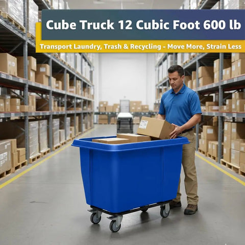 Solid Build Blue Cube Truck 12 Cubic Feet Heavy Duty Rolling Garbage Wagon With Easy Glide Swivel Casters Industrial Grade Laundry Cart in use