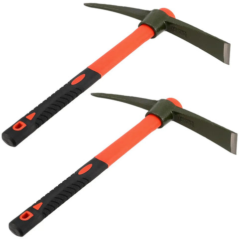 2 Pack 15 Inch Garden Pick Mattock With Red Fiberglass Handle, Beastly Tough Forged Carbon Steel Head, side view