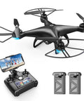 FPV RC Drone With 1080P HD Camera, 120-Degree Wide Angle Lens, Live WiFi Video shown with controller and two batteries.