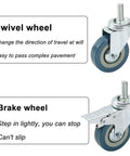 Top Notch Silent Swivel Caster Wheels With Bulletproof Locking Brake Set Of Four Threaded Stem M10 To M12 showing swivel and brake features.
