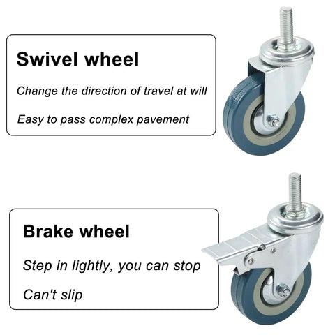 Top Notch Silent Swivel Caster Wheels With Bulletproof Locking Brake Set Of Four Threaded Stem M10 To M12 showing swivel and brake features.