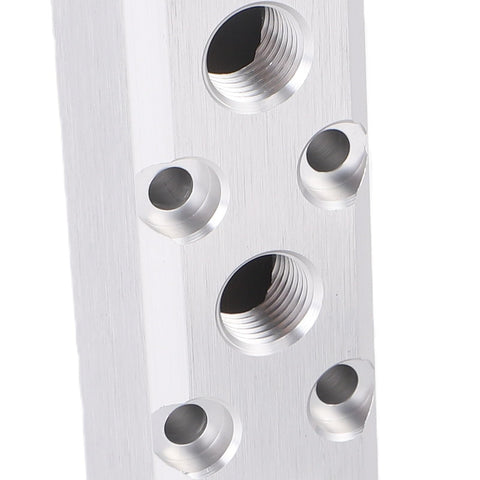 Close-up of Aluminum Air Manifold 3 Way 5 Port Pneumatic Splitter with 1/4 inch NPT output showing threaded ports.