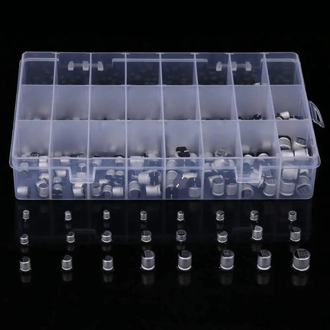 Complete Electrolytic Capacitors Assortment Kit With 400 Pieces From 1uF To 1000uF in a clear storage box