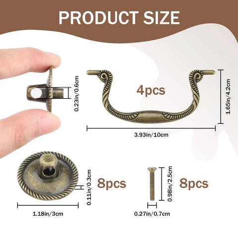 Diagram of 4-piece antique bronze drop bail drawer pulls with screws, dimensions and components shown for furniture refresh.