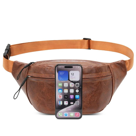 Lightweight PU Leather Fanny Pack Purse for Women, Trendy Crossbody Shoulder Bag with Coin Zip Pocket shown with phone size reference