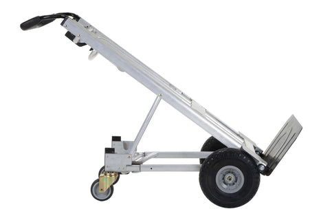 Side view of COSCO 4-in-1 Folding Series Hand Truck with Flat-Free Wheels, showing metal frame and durable wheel design.