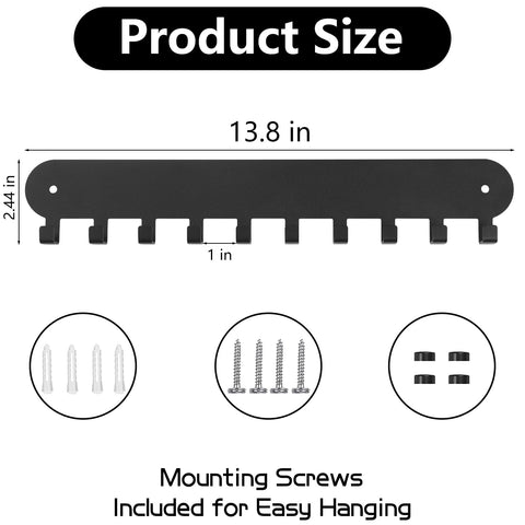 Two Pack Wall Key Holder With Ten Hooks Each No Drill Self Adhesive Key Rack For Living Room Kitchen Bathroom And Garage Black Finish Easy Mount Helps You Find Keys Fast And Keep Them Organized showing dimensions and included screws.