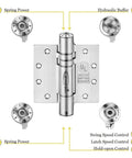 Three-pack of 4.5 inch heavy duty commercial self closing door hinges in stainless steel with a satin brushed finish, UL listed and fire rated, showing adjustable features.