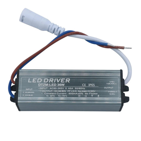 Outdoor Waterproof LED Driver Power Supply 600mA 36W, DC 36-65V Output For LED Strips And Modules, Wide 85-265V AC Input, Industrial Grade Lighting, Perfect For DIY Fixes And Home Projects, silver IP65 metal body with wired connector
