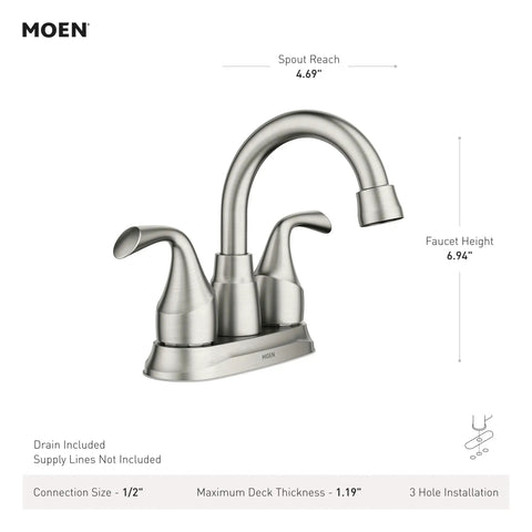 Front view of Idora Chrome Two Handle Centerset Bathroom Sink Faucet With Drain Assembly High Arc Spout 4 Inch Centerset Easy Install