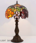 Tiffany Style Stained Glass Table Lamp with Red Rose Shade, cozy vintage bedside desk light, 18-inch tall, 12-inch shade, bronze finish.