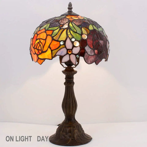 Tiffany Style Stained Glass Table Lamp with Red Rose Shade, cozy vintage bedside desk light, 18-inch tall, 12-inch shade, bronze finish.