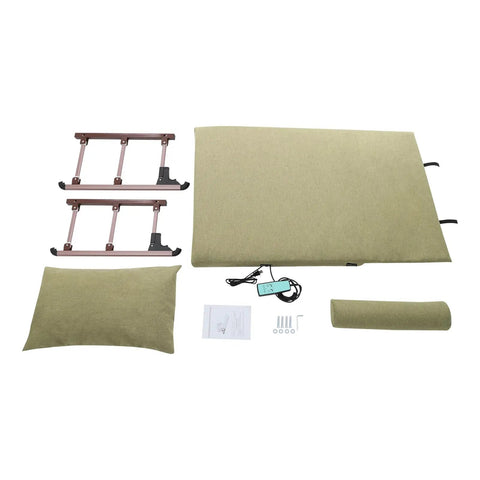 Electric Bed Backrest Lift includes cushion, frame parts, remote control, and accessories for 660 lb capacity with adjustable angles.