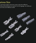 Angled top view of a 360-piece assortment of 2.8/4.8/6.3 mm male and female spade crimp terminals with insulating sleeves