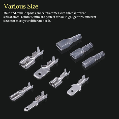 Angled top view of a 360-piece assortment of 2.8/4.8/6.3 mm male and female spade crimp terminals with insulating sleeves