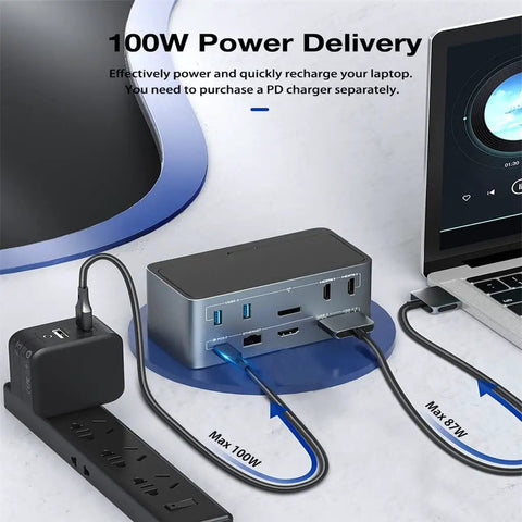 Slick Operator 14 In 1 Type C Docking Station For Macbook And PC Laptop Rigs Featuring No Sweat Sync Flat Out Fast Charging, showing 100W power delivery.