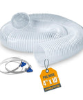 4 Inch By 10 Foot Pro Grade Flexible PVC Dust Collection Hose With Two Stainless Steel Key Hose Clamps curled on white background