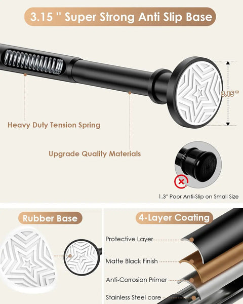 Matte Black Extra Long Tension Shower Curtain Rod 30 To 122 Inches 1.1 Inch Diameter Stainless Steel Rustproof Heavy Duty No Drill Needed Adjustable Room Divider For Bathroom Patio And Closet detail view with anti-slip base and coating layers.