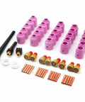 58-Piece Luwecf TIG Consumables Kit for Your Torch including gas lens, collet bodies, alumina nozzles, and cups.