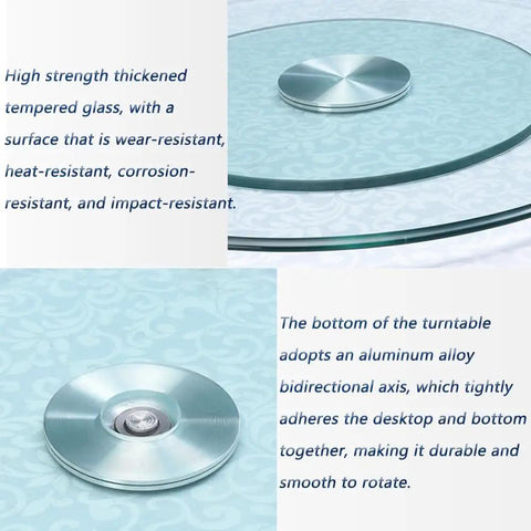 Close-up of the aluminum alloy base of Large Round Lazy Susan Turntable Glides Smooth As Butter Dual Plate Connection Heavy Duty Tempered Glass Serving Tray.