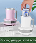 Fast Electric Drink Cooler Cup With Dual Chill Modes And Hassle Free One Touch Control For Straight Up Frosty Brews Juices Or Milk In 420 Ml Aluminum Mug Perfect For Weekend Tailgates And Summer Stashes, showing pink and white mugs.