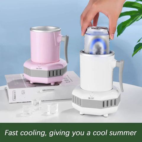 Fast Electric Drink Cooler Cup With Dual Chill Modes And Hassle Free One Touch Control For Straight Up Frosty Brews Juices Or Milk In 420 Ml Aluminum Mug Perfect For Weekend Tailgates And Summer Stashes, showing pink and white mugs.