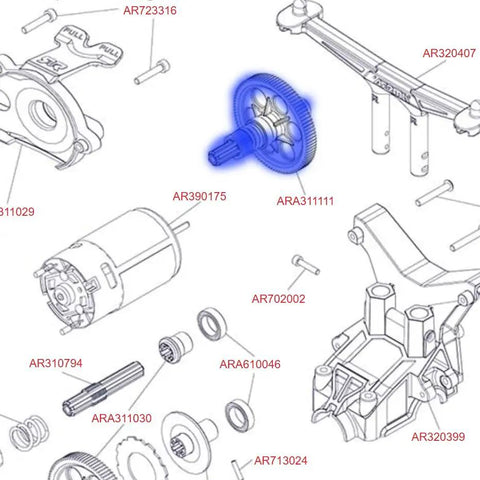 Blueprint diagram highlighting the 58T Steel Slipper Clutch Spur Gear Beefed Up For Arrma 1x10 And 1x8 Scale RC Trucks in blue.