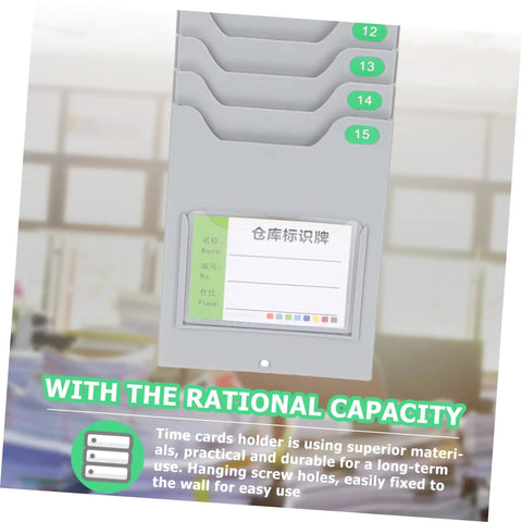 Heavy Duty Wall Mounted Card Holder Rack Boasting Top Notch Slot Layout For Offices And Warehouses Straight Up Time Card Organizer with grey plastic slots.
