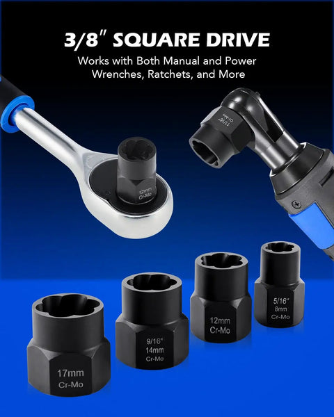 Impact Nut And Bolt Extraction Tool Set For Rusted And Stripped Fasteners, 13 SAE And Metric Sizes with 3/8 inch drive sockets.