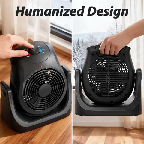 2 In 1 Portable Space Heater And Desk Fan For Home Office with 45 Degree Tilt and Dual Speed Settings, Front and Back View