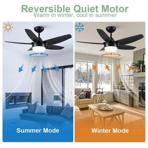 40 Inch Black Ceiling Fan With Lights And Remote Modern Indoor Ceiling Fan With Dimmable Lights Reversible Five Blade Design Quiet Noiseless Motor Room Ready For Bedroom Or Living Room showing summer and winter modes in living rooms