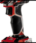 Close-up of Heavy Duty Cordless Drill And Screwdriver 18 Volt Brushless Motor handle with textured grip, designed for user comfort.