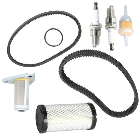 All In One Golf Cart Tune Up Kit With Oil Filter And Drive Starter Belt For EZGO TXT ST 350 1996 And Up components shown