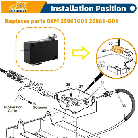 Diagram installation for Plug And Play Golf Cart Accelerator Pedal Box Micro Switch 25861G01 Replaces OEM 25861G01 731