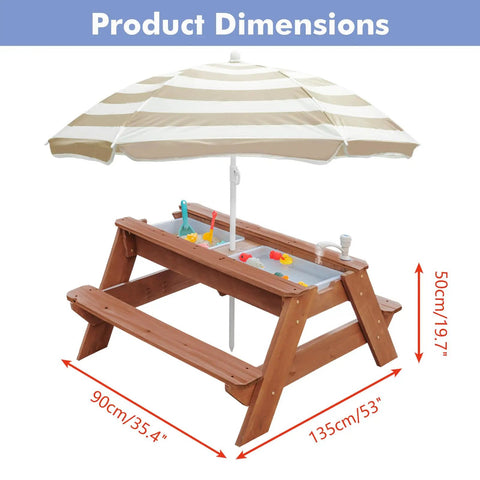 Kids 3-In-1 Sand And Water Table With Wood Outdoor Convertible Picnic Table Umbrella Two Trays Removable Top With Faucet