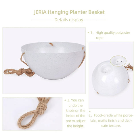 Detail view of 4 Pack 10 Inch Hanging Planter Baskets For Outdoor And Indoor Plants With Drain Holes Speckled White, rope and knot