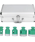 Heavy Duty 5 Pc Hole Saw Set With M14 Connector For Drilling Glass Tile And Marble Thickened Coating Makes Quick Work Of Tough Home Reno DIY Projects Like A Champ. 5 green diamond hole saw bits in case