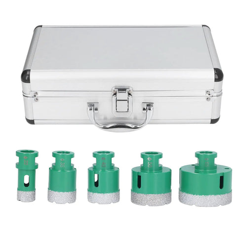Heavy Duty 5 Pc Hole Saw Set With M14 Connector For Drilling Glass Tile And Marble Thickened Coating Makes Quick Work Of Tough Home Reno DIY Projects Like A Champ. 5 green diamond hole saw bits in case