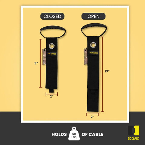 Extension Cord Organizer Set For E Track Systems Pack Of Four Keeps Cables Hoses Neatly Secured With 17 Inch Hook And Loop Closure shown open and closed.