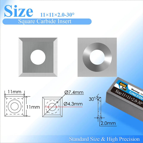 Square carbide insert dimensions of 11X11X2.0mm for Straight Up Premium Tungsten Carbide Replacement Blades 10 Pack.