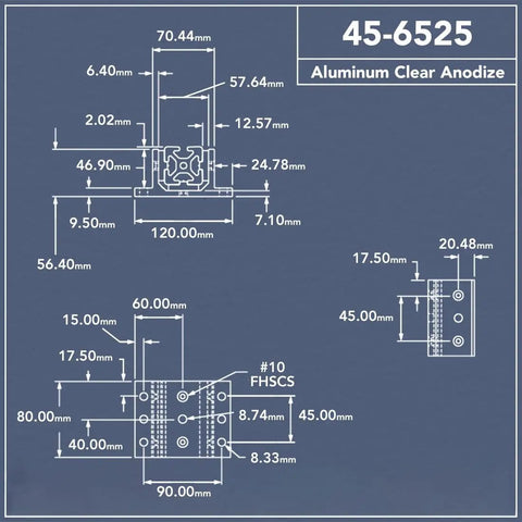 Technical dimensions of 3 Mount Double Flange Short Aluminum Linear Bearing for 45mm Extrusion, 45 Series with brake holes.