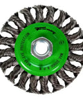 4-Inch Knot Wire Wheel With.020 Wire And 5/8-11 Threaded Arbor For Heavy Duty Cleaning Weld Scale And Spatter Removal Rust And Heavy Corrosion Buster Perfect Fit For Right Angle Grinders, showing top view with green mount and twisted wires.