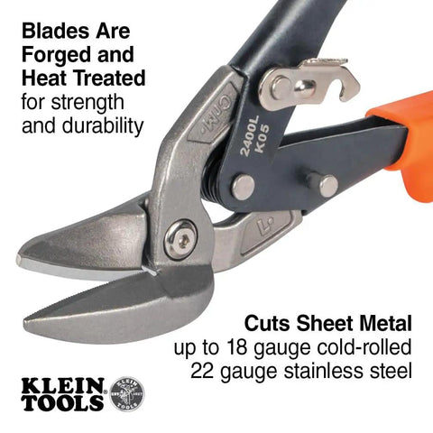 Left-Cutting Offset Tin Snips For Sheet Metal, Aviation Snips With Beefy Forged Blades, Heavy-Duty Steel Construction closeup
