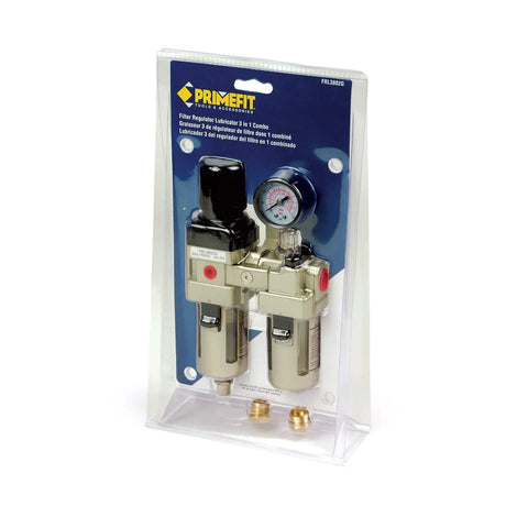 3/8 In Filter Regulator Lubricator 3-In-1 With Gauge packaging, 40 Micron Brass Filter Element, Locking Regulator Knob, 200 PSI Inlet