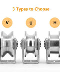 Three types of Two Inch Stainless Steel V Groove Gate Roller Wheel With Dual Ball Bearings for sliding gates.