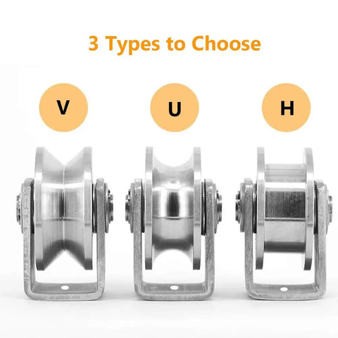 Three types of Two Inch Stainless Steel V Groove Gate Roller Wheel With Dual Ball Bearings for sliding gates.