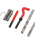 Heavy Duty M12 X 1.25 Thread Repair Kit With High Strength HSS Steel Inserts For Damaged Threads, Includes Drill Bits And Taps, Auto Engine Repair Tools With Red Handle, shown with inserts, tap and drill