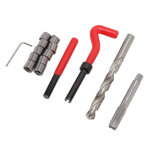 Heavy Duty M12 X 1.25 Thread Repair Kit With High Strength HSS Steel Inserts For Damaged Threads, Includes Drill Bits And Taps, Auto Engine Repair Tools With Red Handle, shown with inserts, tap and drill